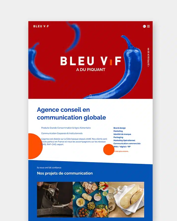 Page d'accueil du site Bleu Vif sur fond gris avec des piments de couleur bleu