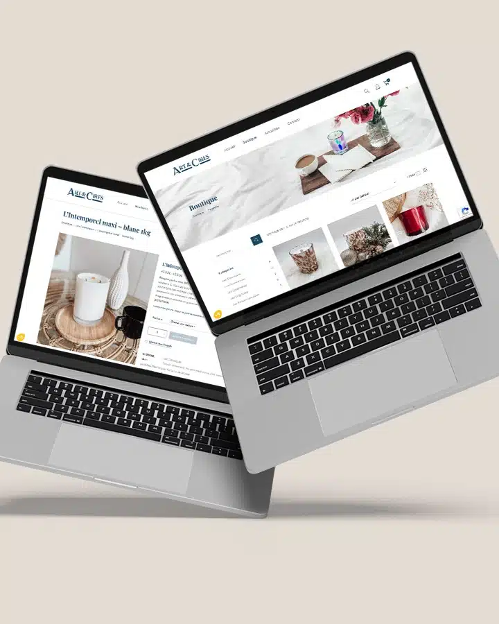 Deux ordinateurs portables montrant des pages du site e-commerce Art & Cires