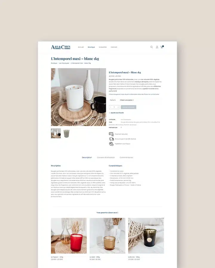 Interface graphique web sur un fond beige d'une page produit de la boutique en ligne Art & Cires