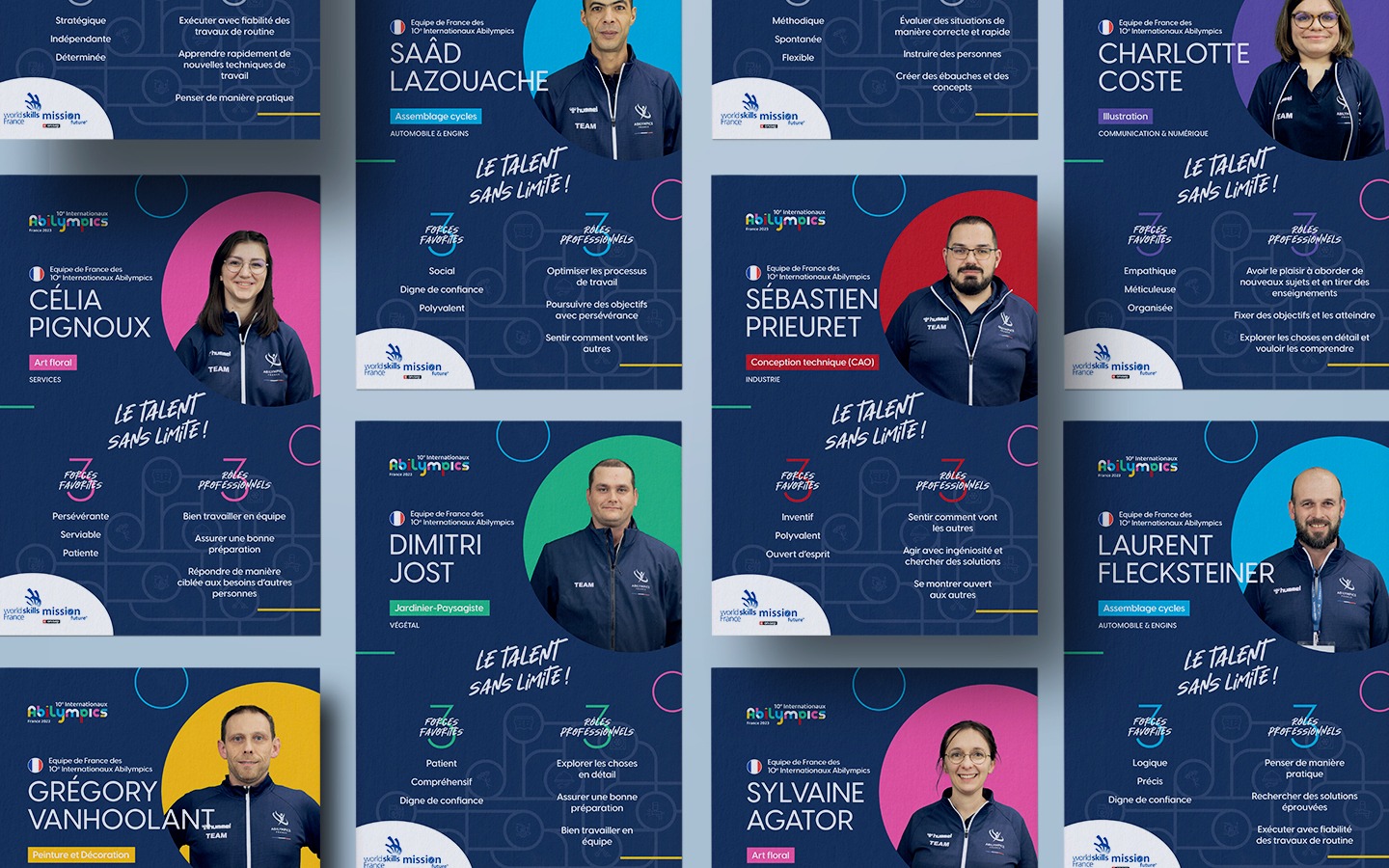Plusieurs panneaux des fiches de présentations des candidats des 10e Internationaux Abilympics 2023